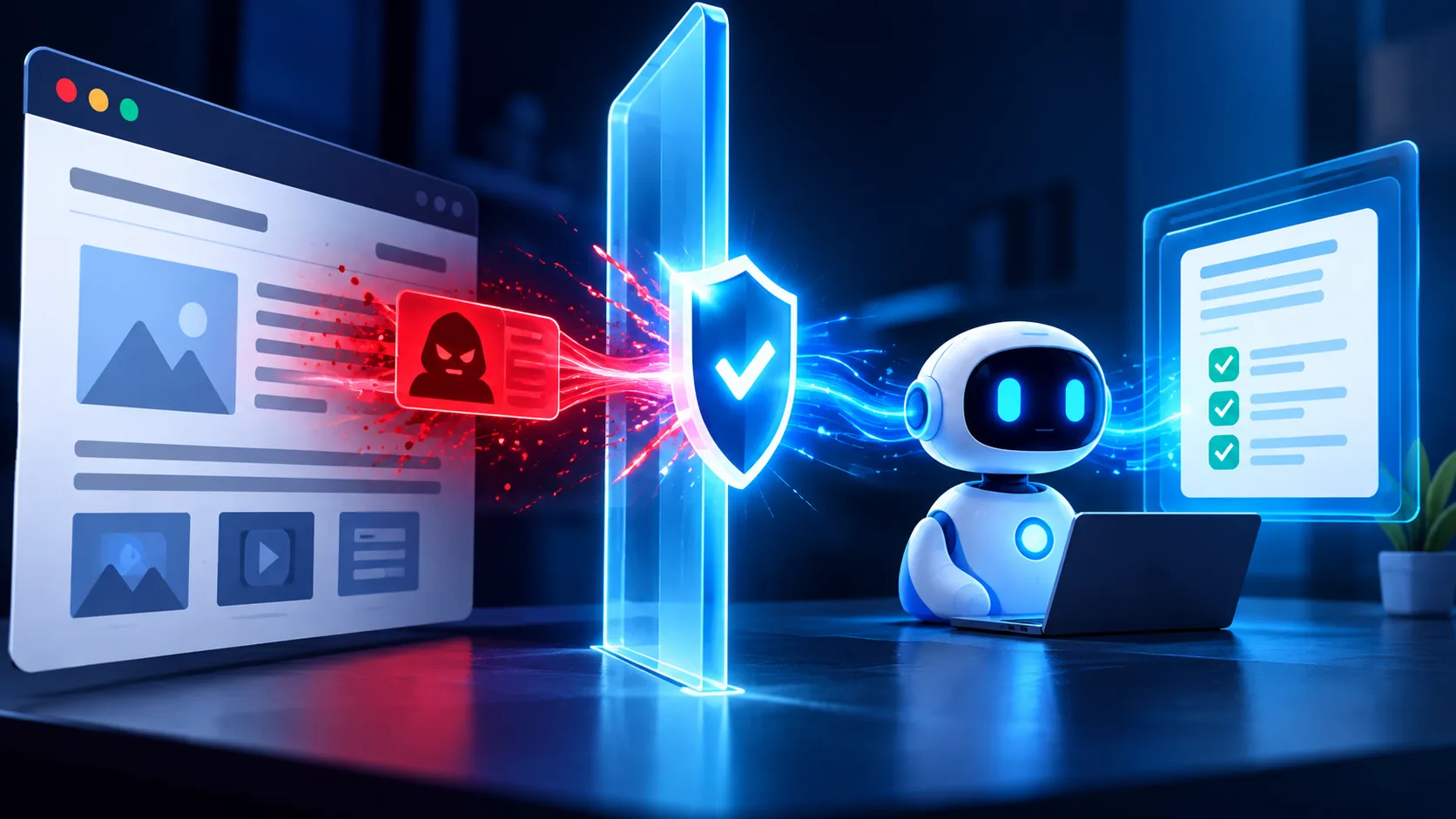 Illustration showing a malicious webpage instruction being blocked from influencing an AI browser agent