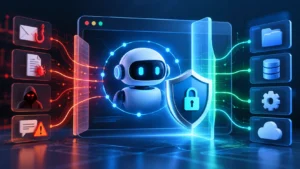 Illustration of an AI browser agent protected by permission boundaries and cybersecurity safeguards