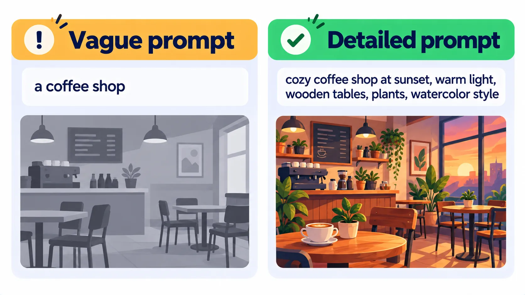 Comparison of a vague and a detailed AI image prompt and their results