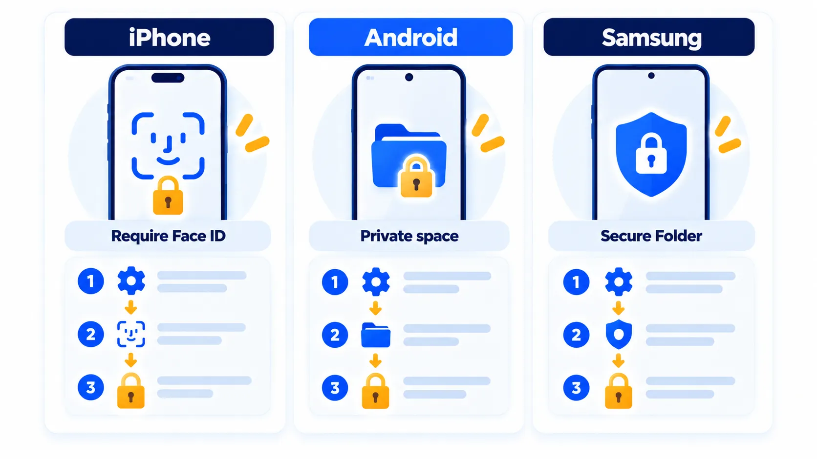 Comparación de las opciones de bloqueo de aplicaciones en iPhone, Android Space y Samsung Secure Folder