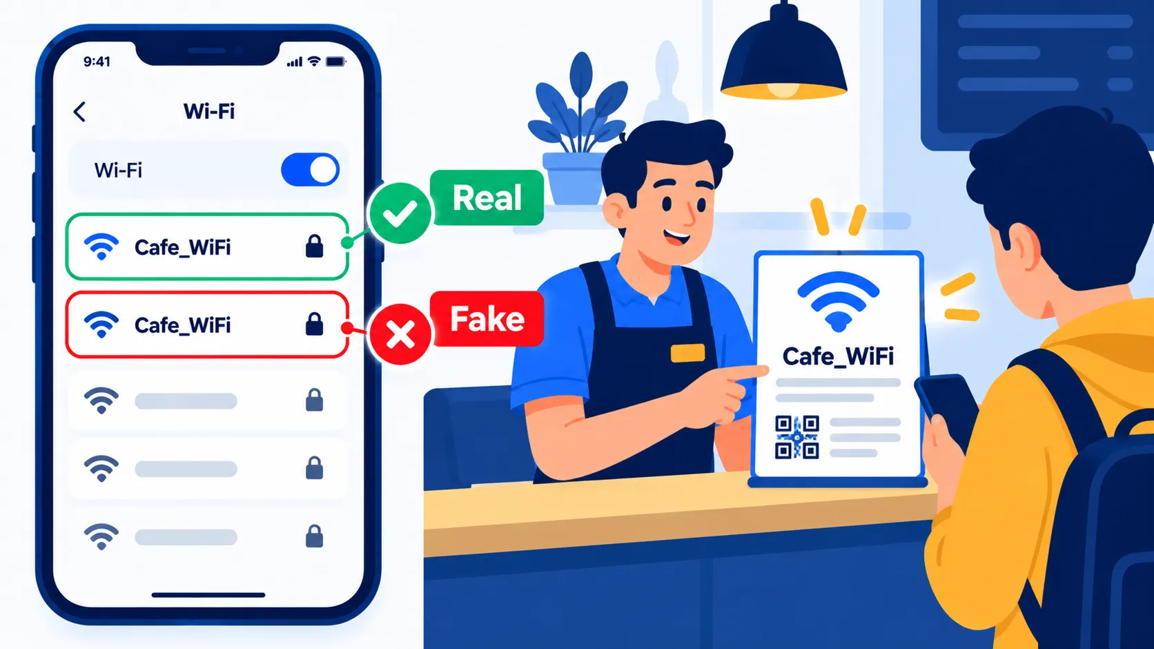 Dos nombres de red Wi-Fi similares, uno genuino y otro falso, con un miembro del personal que muestra el nombre correcto