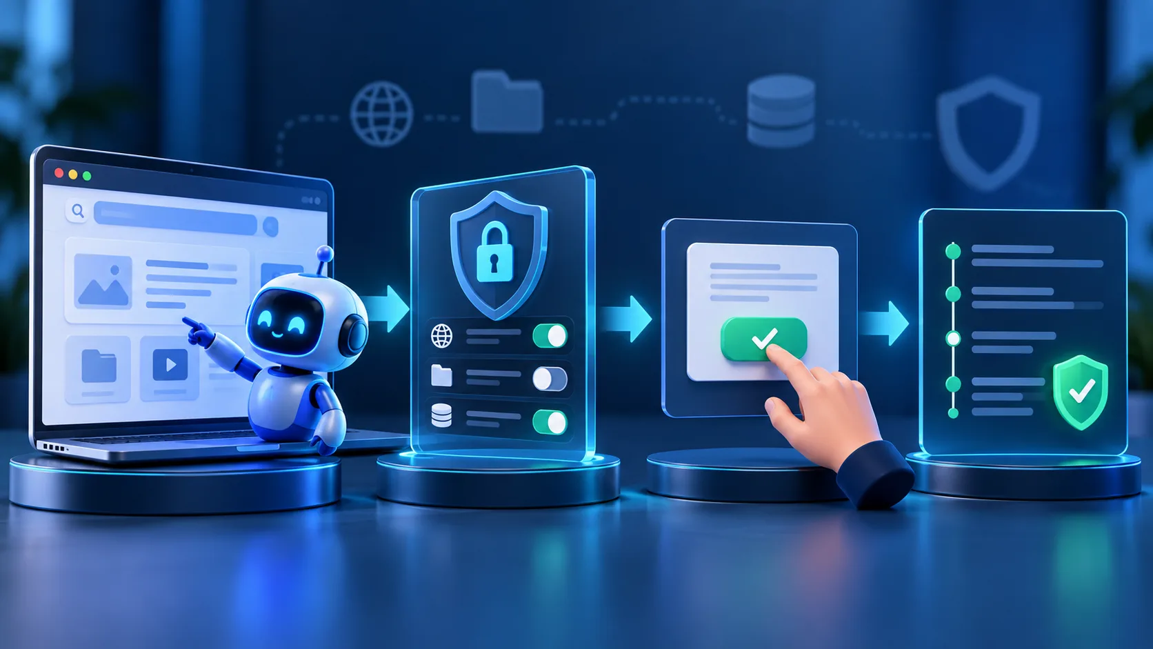 Visual workflow showing limited permissions, human approval and activity monitoring for safer AI agent use