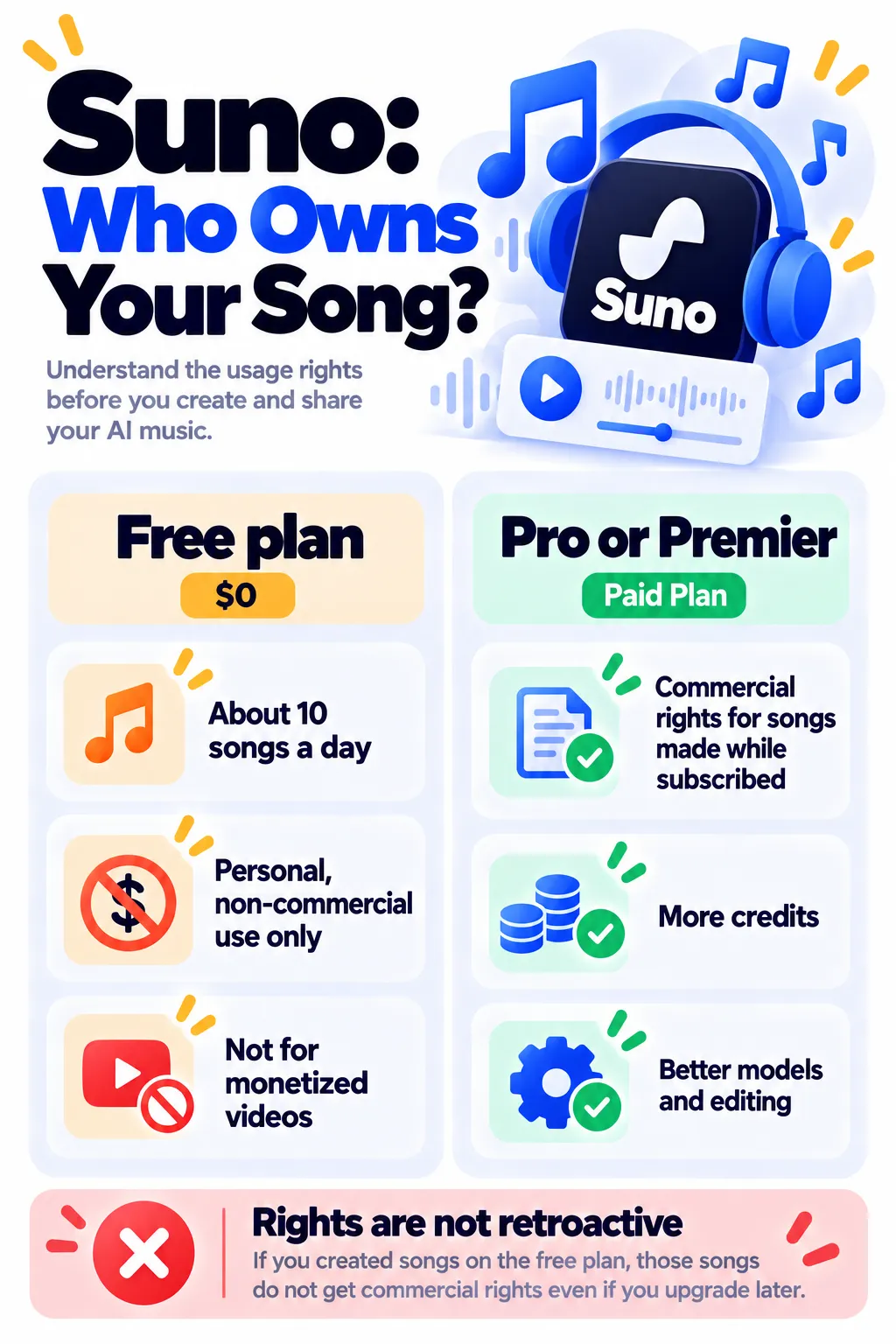 Suno free vs paid song ownership and commercial rights